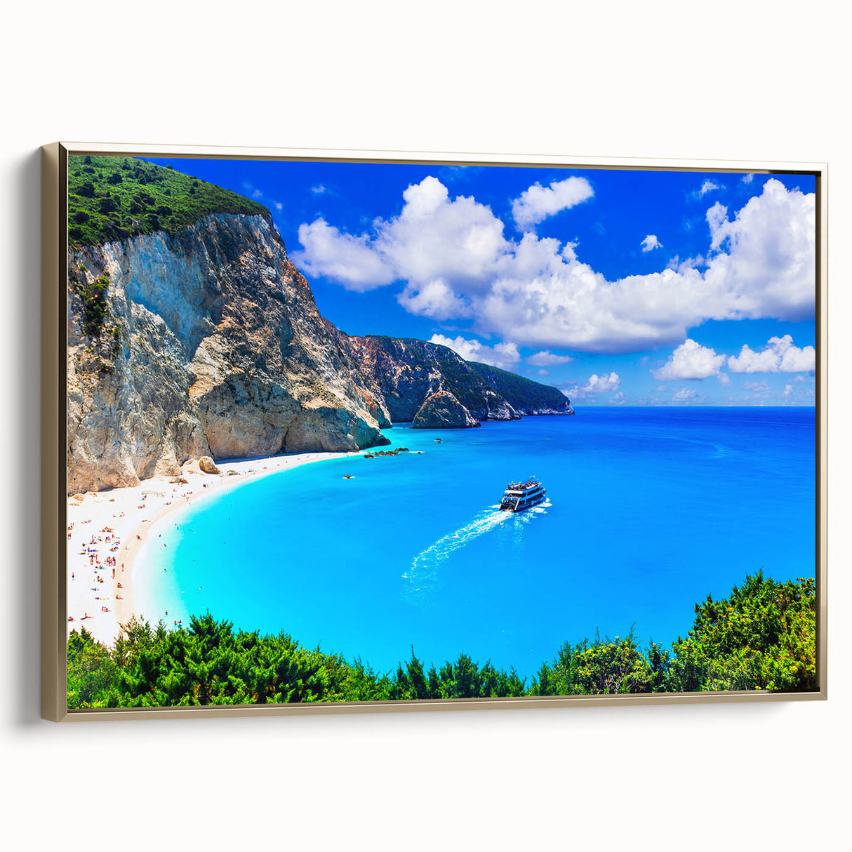 Framed canvas depicting a vintage-style Greek landscape in muted gold and black tones, ideal for bedroom decor.