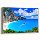 Framed canvas featuring a vintage-style landscape painting of a Greek coastal scene in colorful hues.