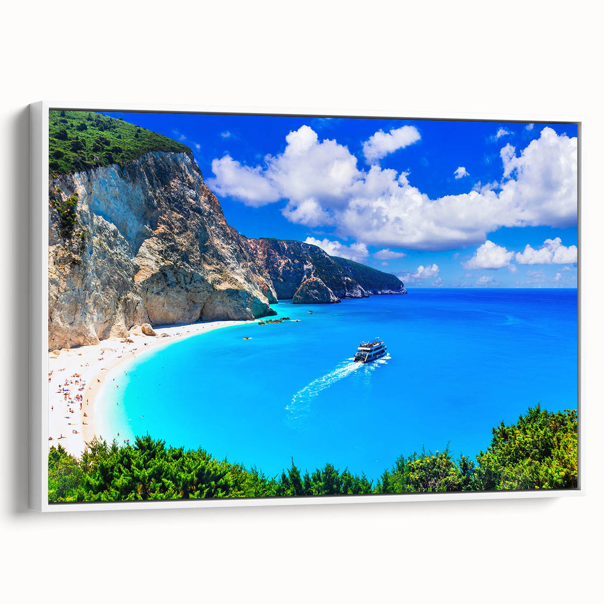 Vintage poster art of a scenic Greek landscape on a framed canvas, featuring vibrant blue and white tones.