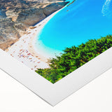 Art deco poster featuring a serene Greek landscape in muted blue and white, printed on rolled canvas.