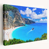 Panoramic view of a Greek coastline on a large stretched canvas, rendered in muted earth tones.