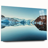 Large abstract wall art of a Greenlandic landscape on acrylic glass, featuring muted green and blue tones.