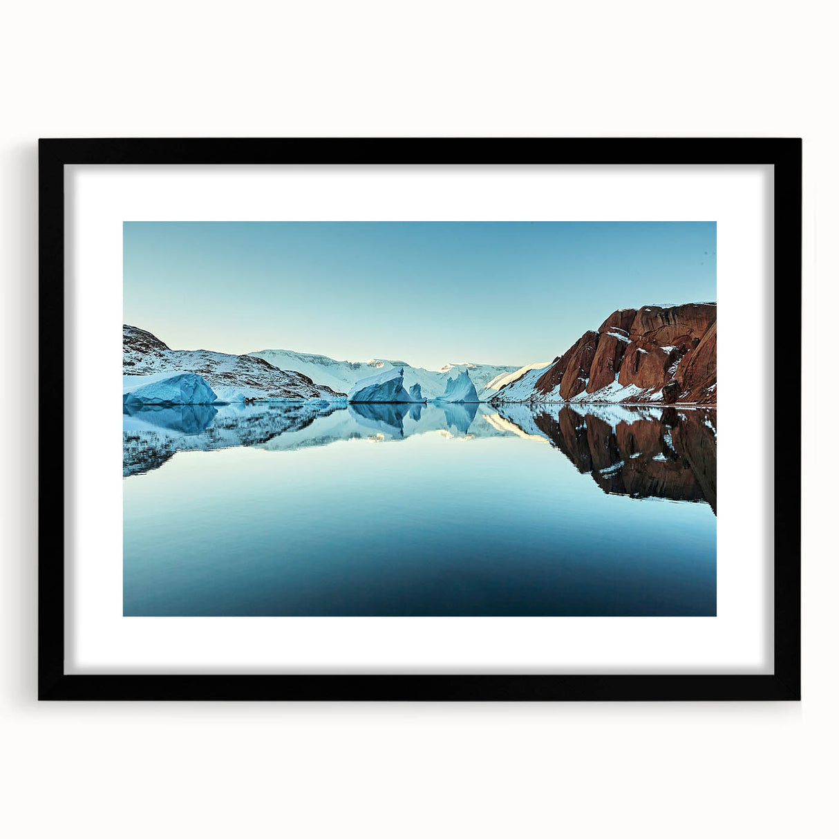 Extra large abstract art print featuring textured, colorful imagery of a Greenland landscape on a framed black mat.