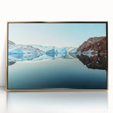 Acrylic print of a Greenland landscape in muted green and blue tones, framed in gold, suitable as modern art wall decor.