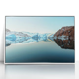 Mid-century modernist art depicting a serene Greenland landscape in muted green and white tones, acrylic print framed.