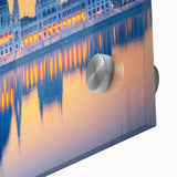 Large abstract wall art featuring a mid-century modernist depiction of a Hungarian landscape in muted earth tones.