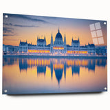 Large abstract depiction of a European cityscape in muted tones on acrylic glass, suitable for bedroom or dining room decor.