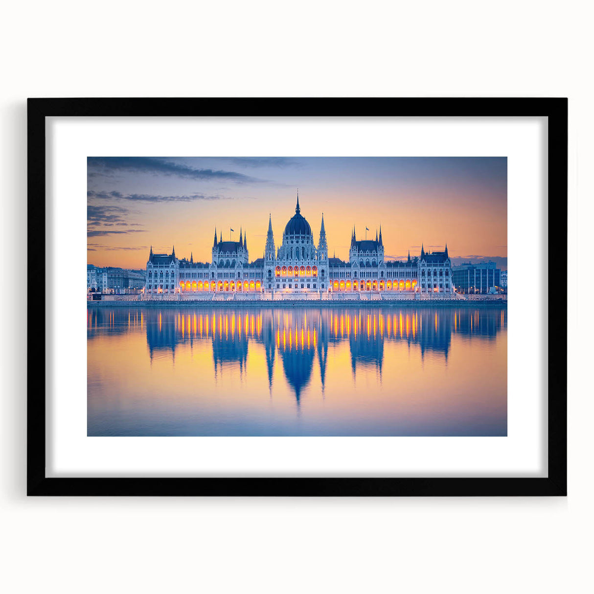 Extra large abstract art print of a colorful European landscape, textured on a black framed mat, ideal for living room decor.