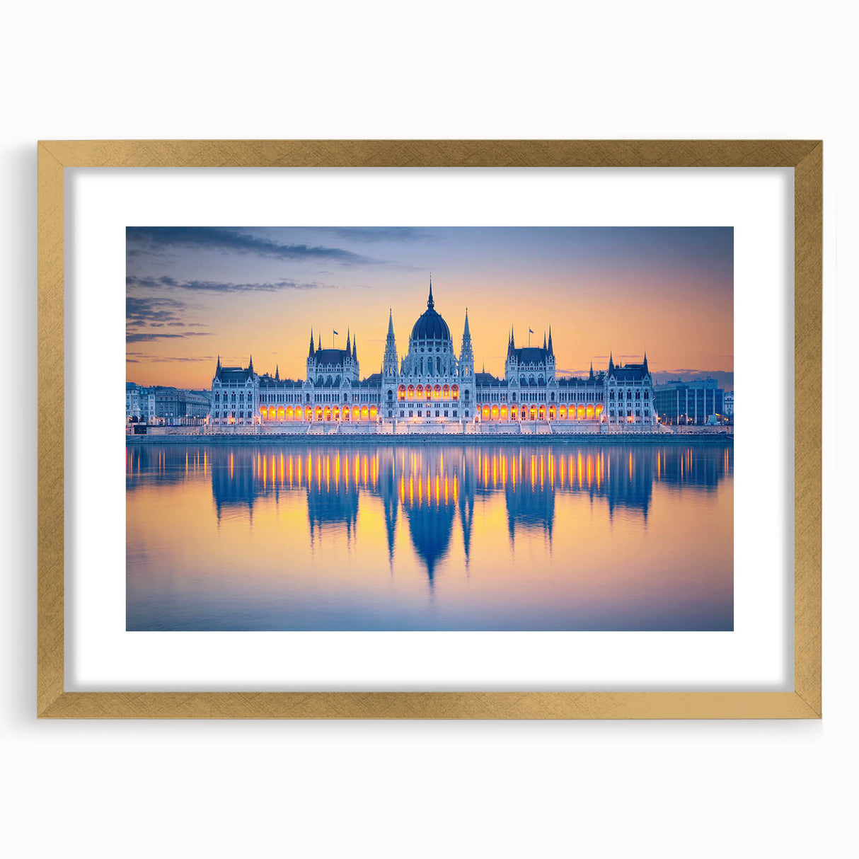 Abstract art print of a European landscape in gold frame with mat, in muted earth tones, ideal for dining room decor.