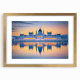 Abstract art print of a European landscape in gold frame with mat, in muted earth tones, ideal for dining room decor.