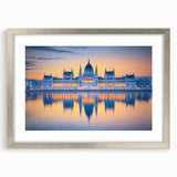 Extra large abstract art print of a textured European scenery in muted earth tones, framed in silver.