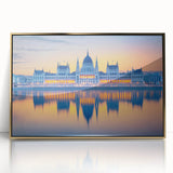 Art deco poster of a European cityscape in muted gold and grey tones on a framed acrylic, ideal for modern art wall decor.