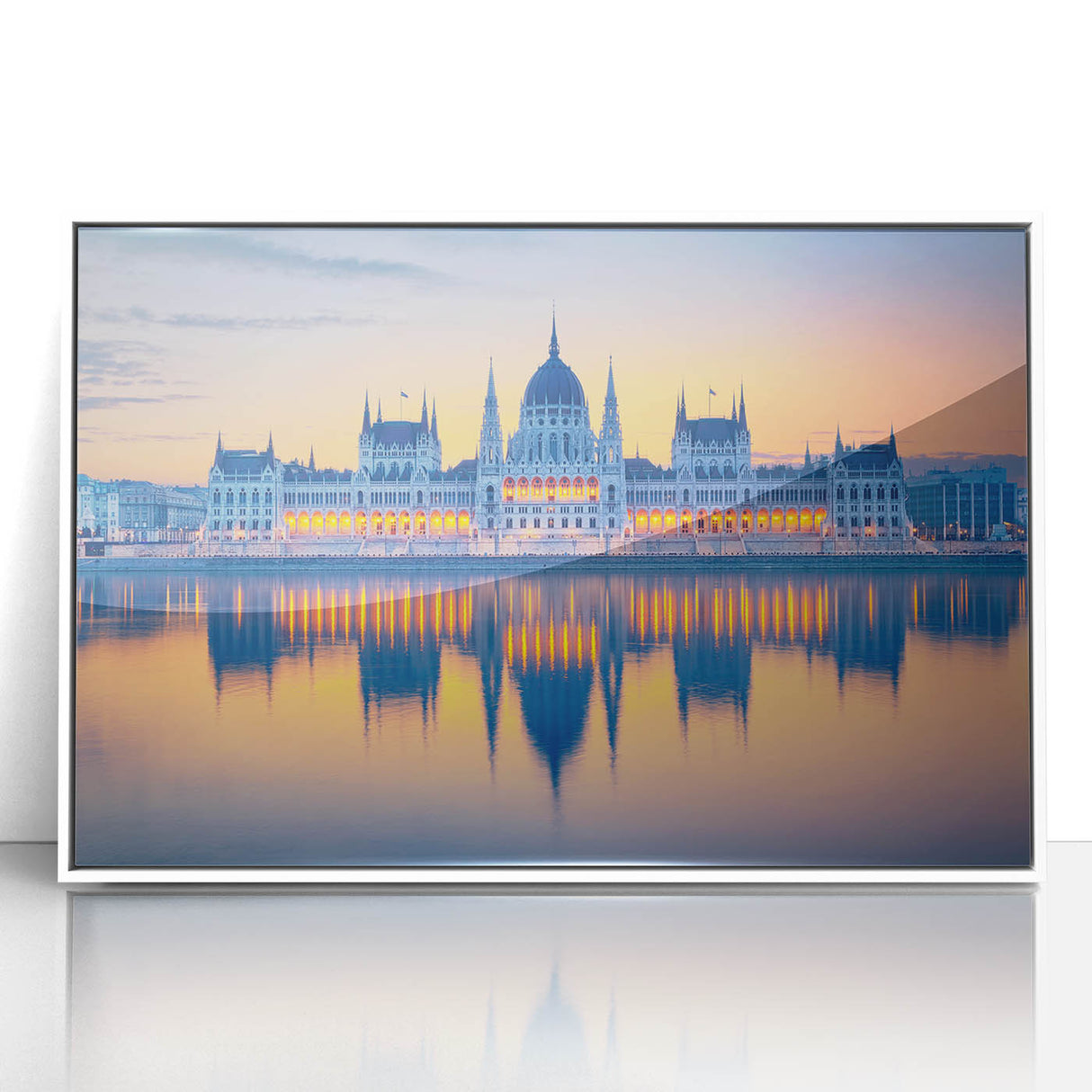 Mid-century modernist art depicting a serene European landscape in muted earth tones on a framed acrylic print.