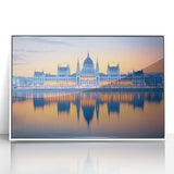 Mid-century modernist art depicting a serene European landscape in muted earth tones on a framed acrylic print.