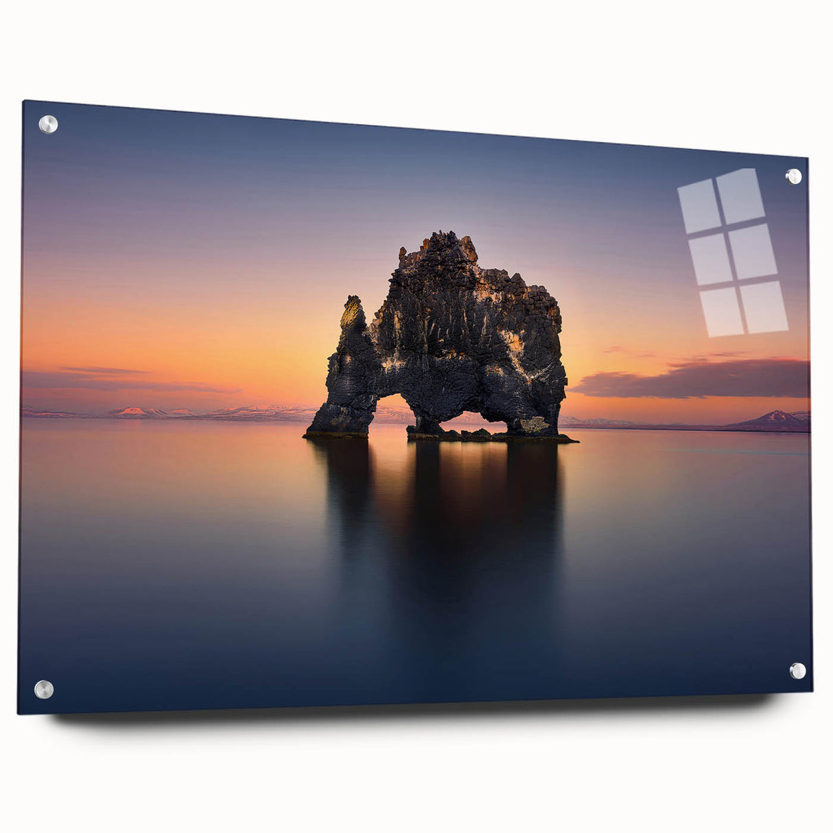 Acrylic print of a serene Icelandic landscape in muted blue and gray tones, suitable for bedroom or dining room decor.