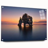 Acrylic print of a serene Icelandic landscape in muted blue and gray tones, suitable for bedroom or dining room decor.