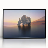 Large abstract wall art depicting a serene Icelandic landscape in muted gray and blue tones, framed in black acrylic.