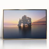 Art deco poster of an Icelandic landscape in muted blue and green tones on framed acrylic, ideal for modern nursery decor.