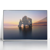 Mid-century modernist art depicting a serene Iceland landscape in muted green and blue tones.