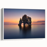 Vintage poster art of a scenic Icelandic landscape on a framed canvas with vibrant colors, ideal for living room decor.