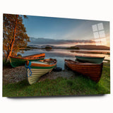 Large abstract depiction of a European scenery in muted green and blue tones on acrylic glass.