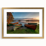 Abstract art print of a European landscape in muted green and brown tones, framed in gold, suitable for dining room decor.