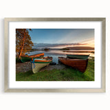 Extra large abstract art print of a textured Irish landscape in muted green and blue tones, framed with a silver mat.