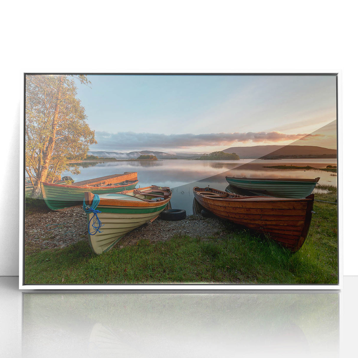 Mid-century modernist art of an Irish landscape in muted greens and blues, acrylic print framed in white.
