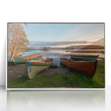 Mid-century modernist art of an Irish landscape in muted greens and blues, acrylic print framed in white.