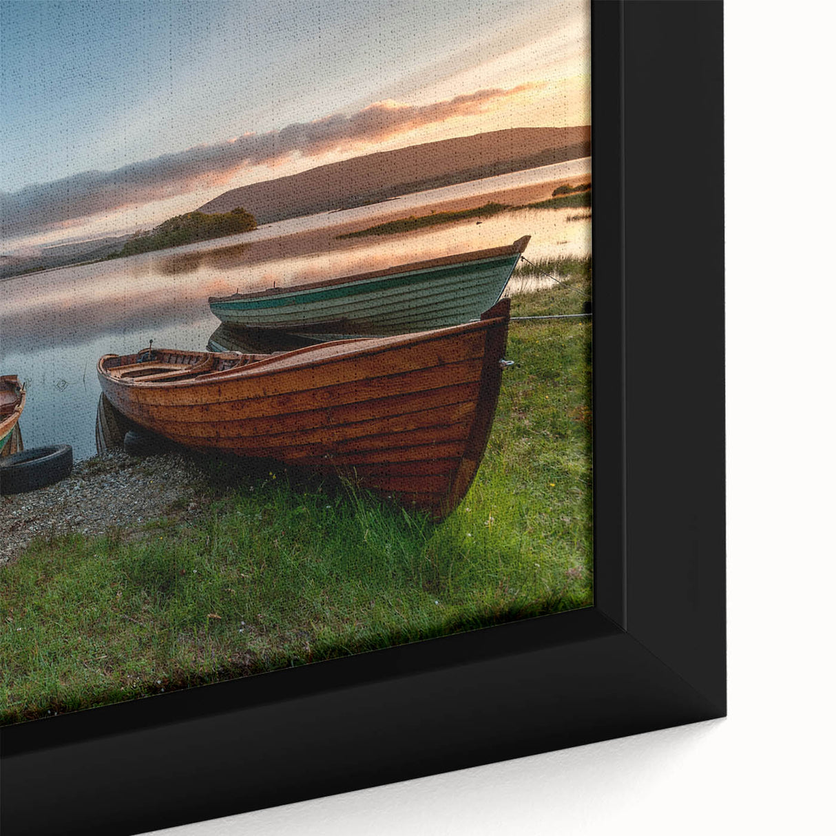 Close-up of a textured black wall art depicting a vibrant, colorful Irish landscape on a framed canvas.