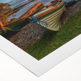 Art deco poster of a scenic Irish landscape in muted greens and blues, printed on rolled canvas.