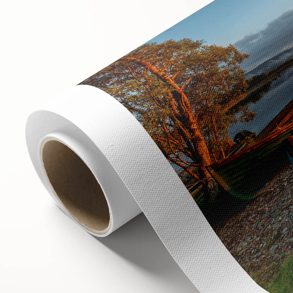Art deco poster of an Irish landscape in muted green and blue tones on rolled canvas, suitable for nursery wall art.