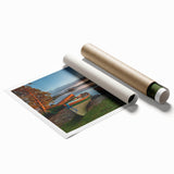 Rolled print of a serene Irish landscape with lush green fields and distant hills, ideal for classy bathroom wall art.