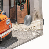 Acrylic print of the Amalfi Coast in muted blues and greens, ideal for dining room art in a mid-century modernist style.