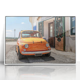 Mid-century modernist art depicting the Amalfi Coast in muted blue and white tones.