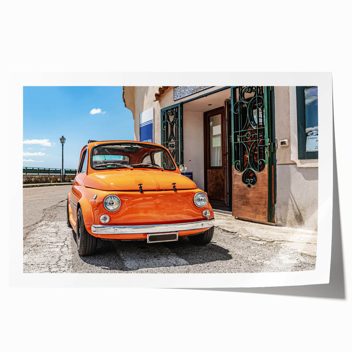 Extra large rolled print of Amalfi Coast with vivid blue and white tones, ideal for art wall dining room.