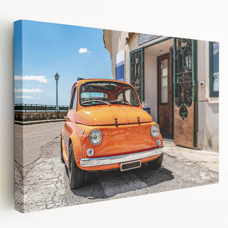 Side view of a stretched canvas depicting the Amalfi Coast in vibrant blue and white tones, ideal for kitchen wall art.