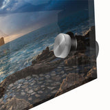 Mid-century modernist style acrylic print of an abstract Capri scenery in blue and green hues, ideal for dining room art.