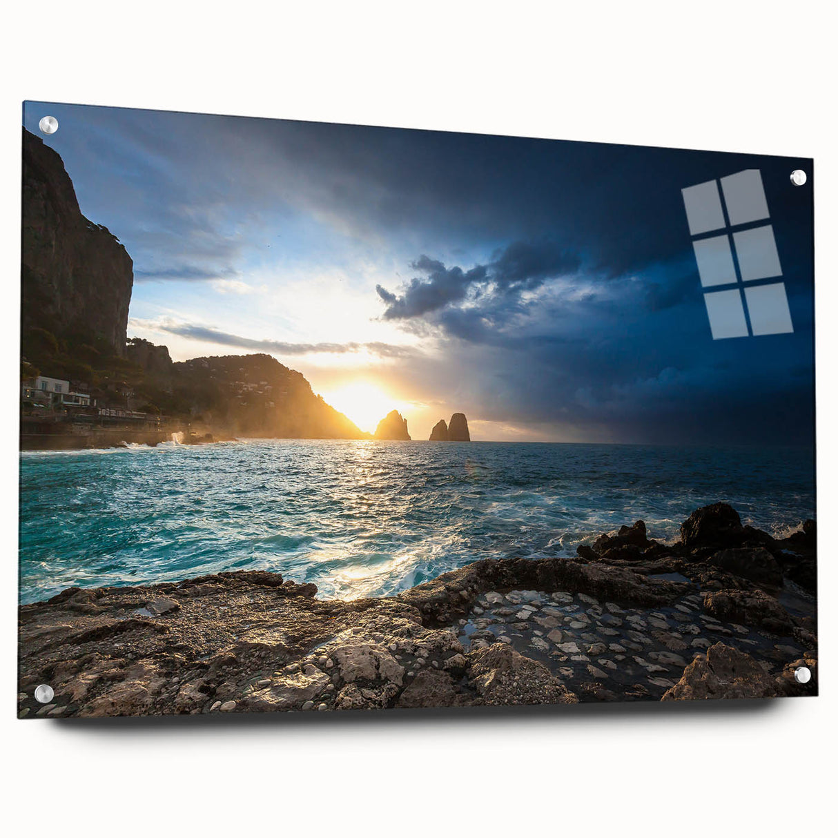 Acrylic print of Capri, Italy with vivid blue and white tones, ideal for dining room or bedroom wall art.