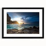 Extra large abstract art print of a colorful, textured Capri scenery on a black-framed canvas, ideal for living room decor.