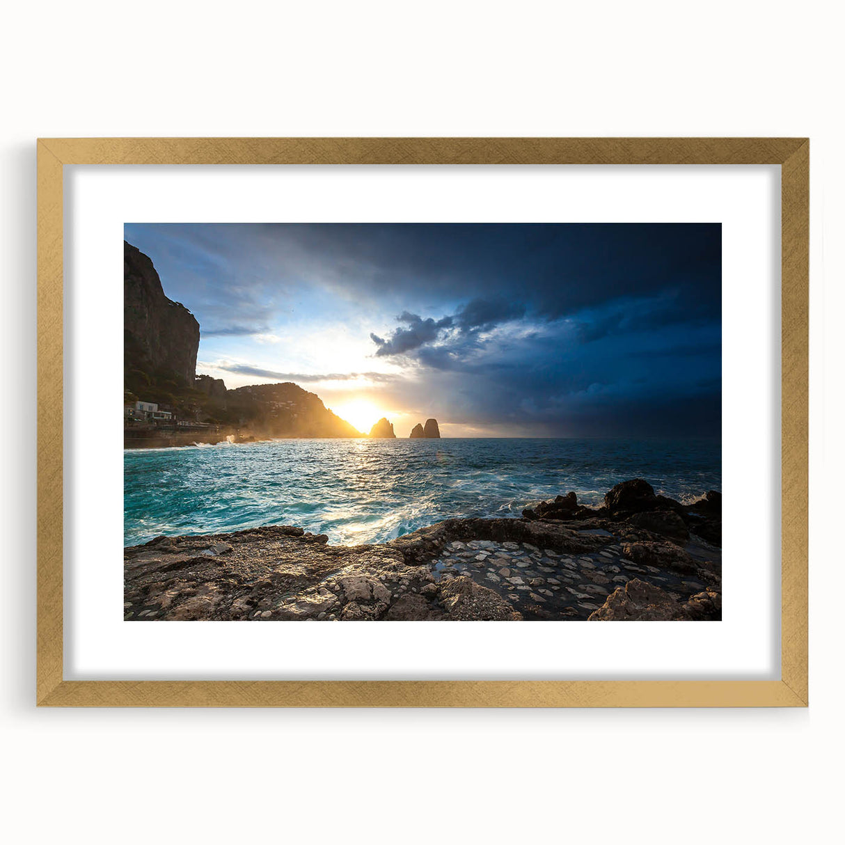 Abstract art print of Capri, Italy, in muted earth tones on a framed canvas, suitable for dining room decor.