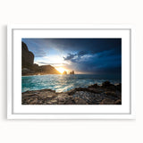 Textured art print of Capri, Italy in abstract style with soft blue and white tones, framed in white.