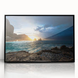 Large abstract wall art depicting the Capri coastline in muted blue and green tones on a framed acrylic.