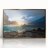 Art Deco style poster of Capri, Italy with pastel blue and pink shades, framed in gold acrylic.