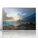 Mid-century modernist art depicting the Capri coastline in muted blue and white tones on a framed acrylic.