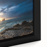 Extra large framed canvas of a textured, colorful Capri scenery on a black background, ideal for living room decor.
