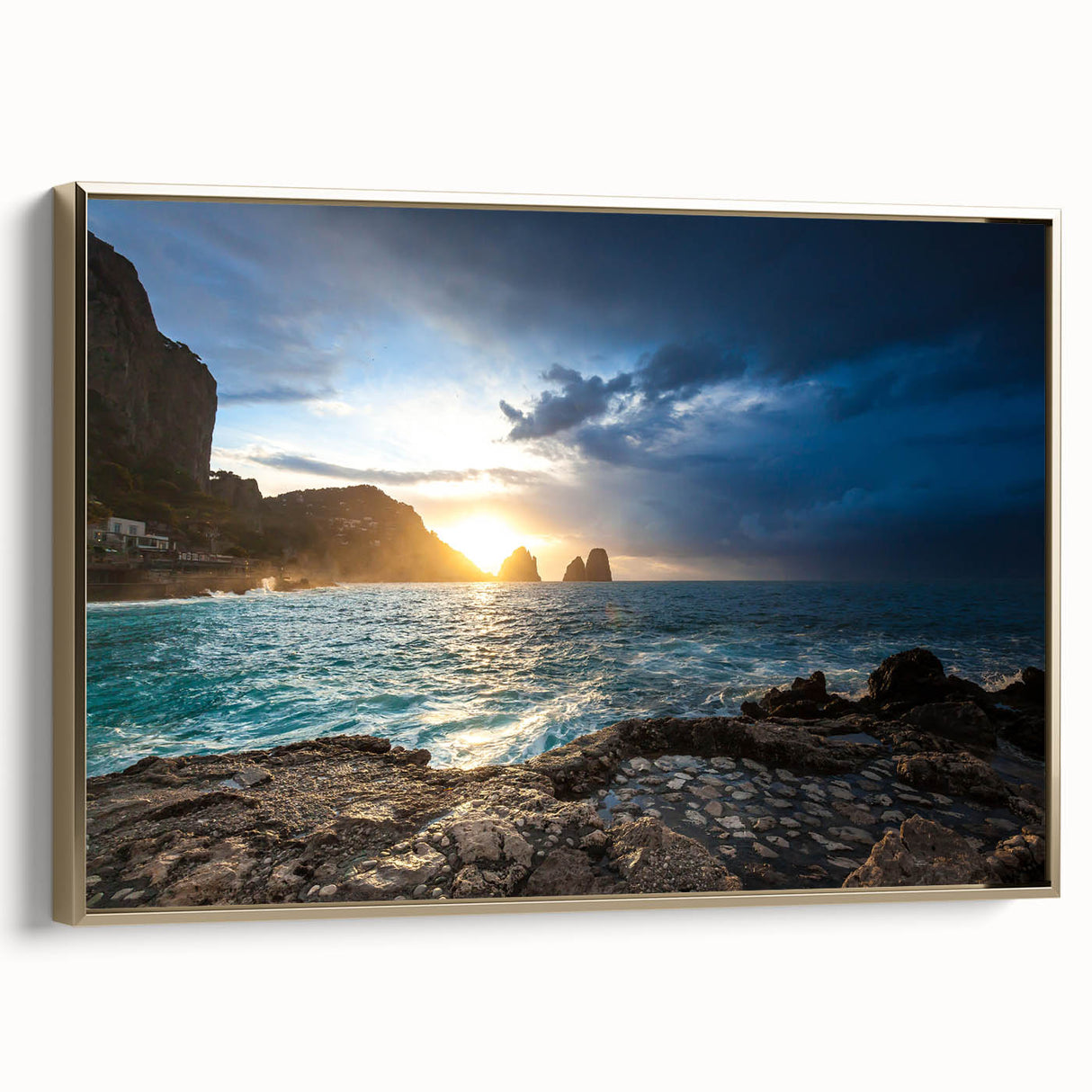 Framed canvas of a vintage-style Capri landscape in muted gold and black tones, ideal for bedroom wall art.