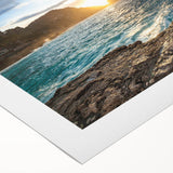 Art deco poster of Capri, Italy in muted blues and greens on rolled canvas, suited for dining room or bathroom wall art.