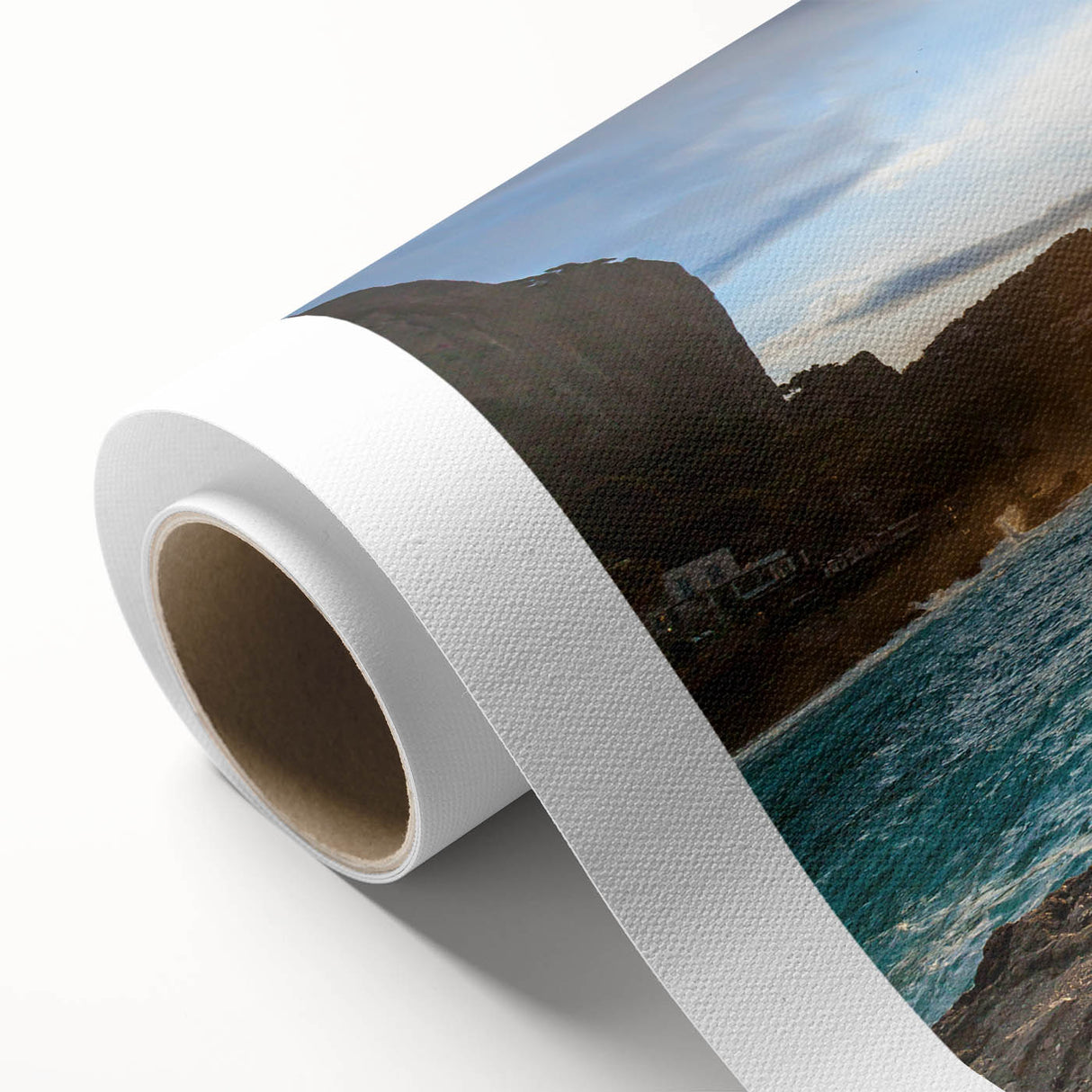 Art deco poster of Capri, Italy landscape in muted pastel shades on rolled canvas, ideal for nursery wall art.