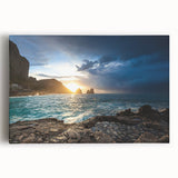 Black and white stretched canvas of Capri, Italy, featuring coastal cliffs, ideal for kitchen wall art or bedroom ambiance.